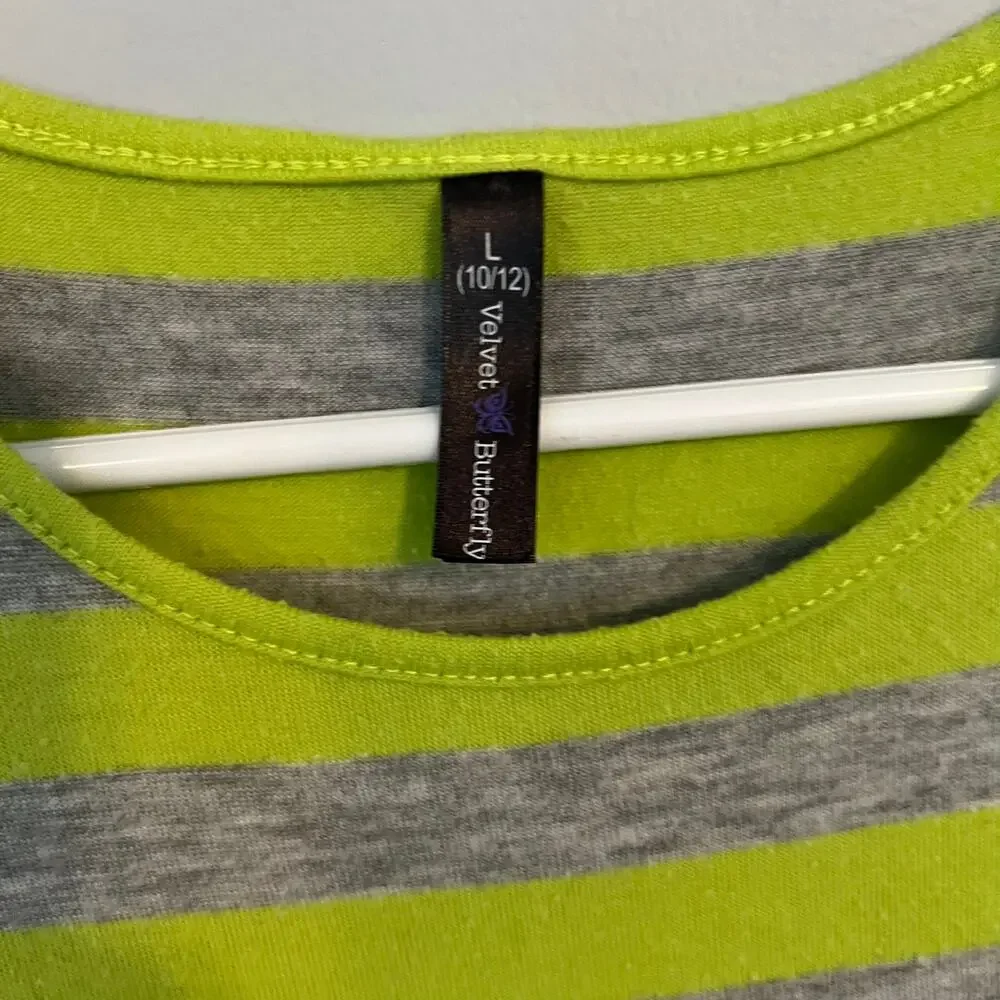 Velvet Butterfly Girls Striped Sleeveless Dress Size 10 / 12 Bright Green & Gray